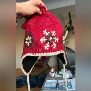 REI Wool Blend Winter Hat Red with Snowflake Embroidery Ear Flap Fleece Lined OS